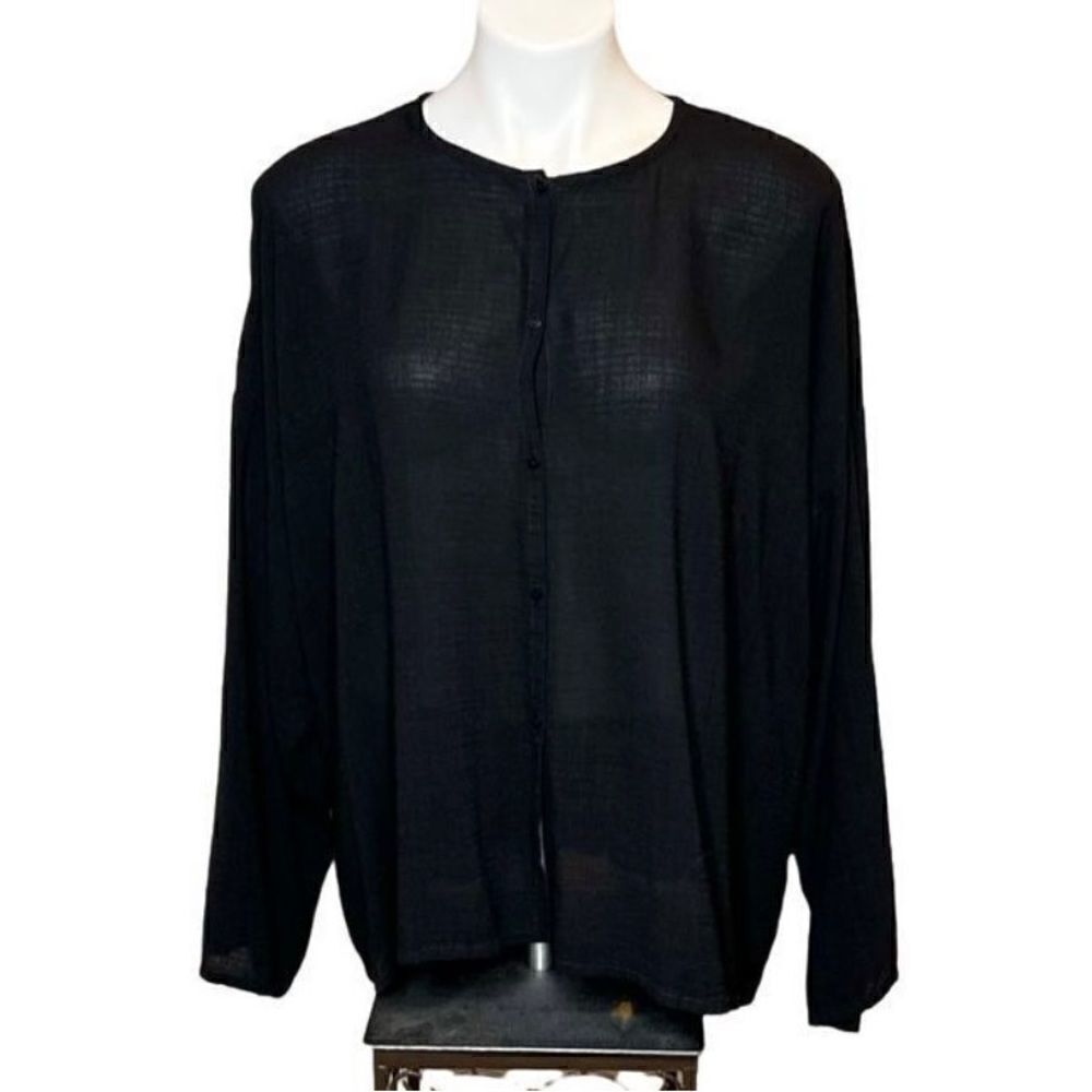 Eileen Fisher black linen blend button up top size M